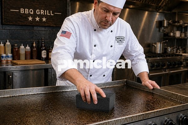scene of chef cleaning commercial grill with bbq grill brick