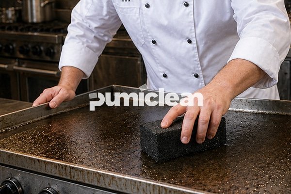 commercial grill cleaning block in use on restaurant griddle