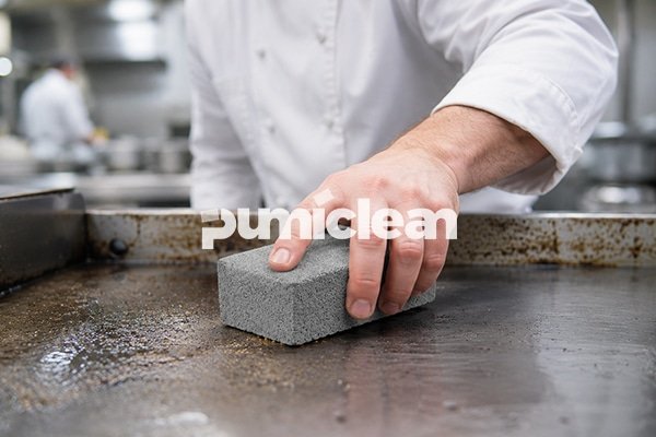 grill cleaning brick application scene in restaurant kitchen