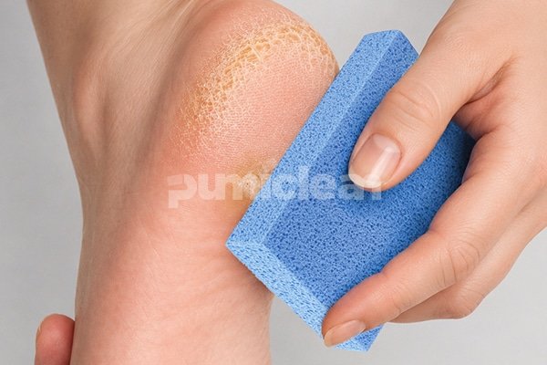 wet feet and wet pumice stone used for gentle heel exfoliation
