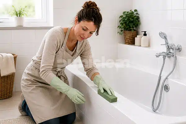 Household cleaning pumice stone beside compatible and incompatible bathroom surfaces