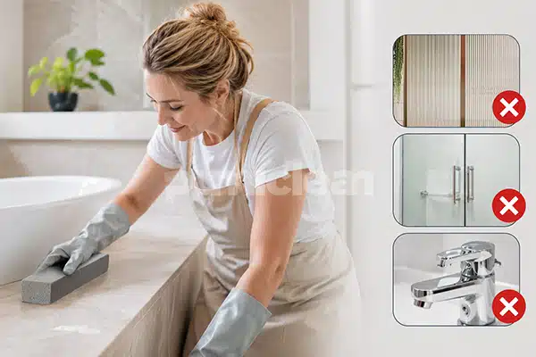 Household cleaning pumice stone with handle held away from acrylic, glass, and polished metal